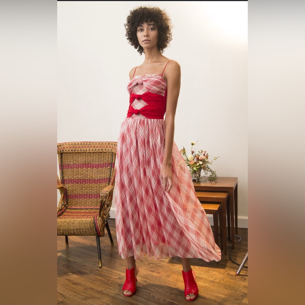 Adam Lippes Red and Pink Patterned Midi Dress